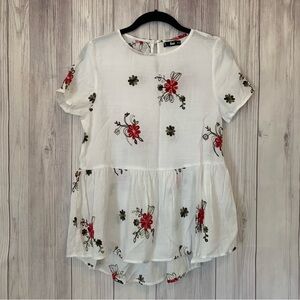 White Floral Embroidered Peplum Babydoll Style Shirt Blouse Size Small S